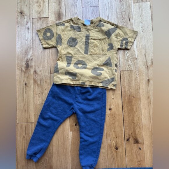 Zara Kids Toddler Boy 2-3 Outfit Mustard Geometric T-Shirt Blue Joggers Sweats - Picture 2 of 11